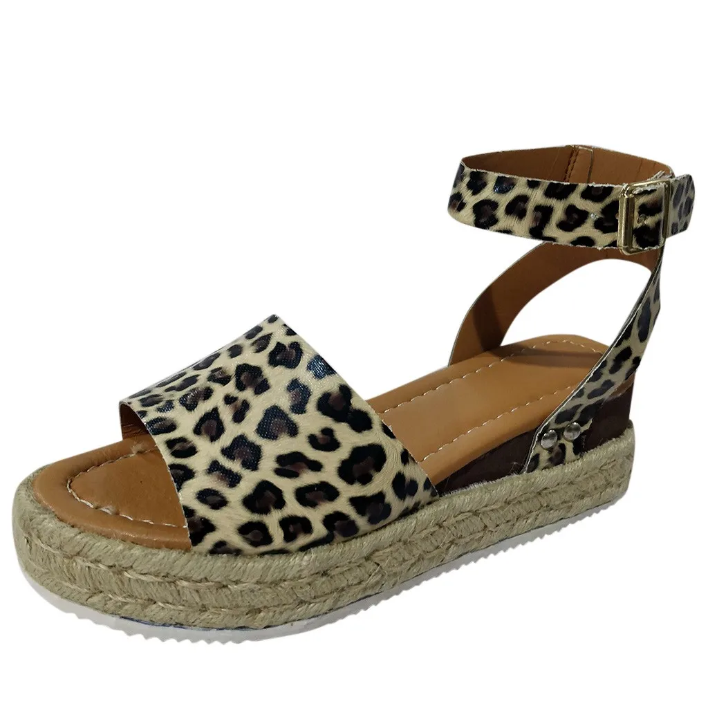 

Women Summer Fashion Sandals Buckle Strap Wedges Leopard Retro Peep Toe Sandals Casual Shoes Low Heels Sandalias Mujer 2019 #89