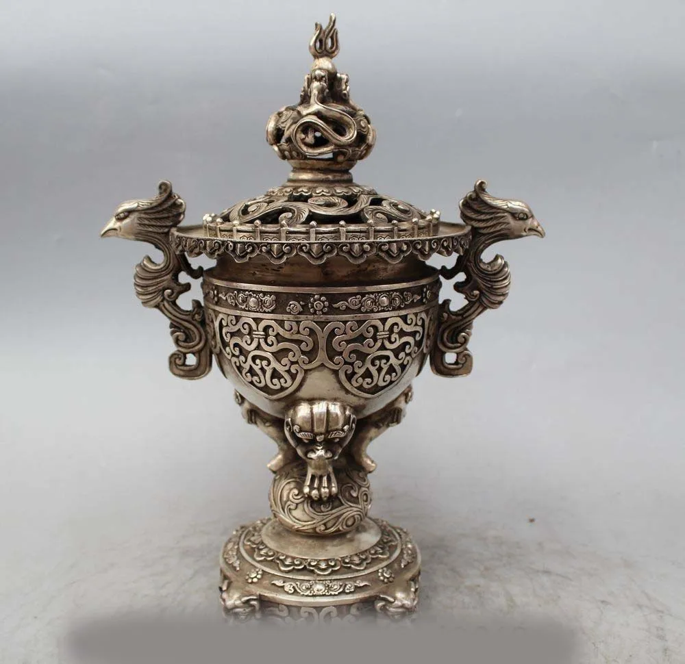 

13"Marked Chinese Silver Dragons Phoenix Beast eagle Statue Incense Burner Cense