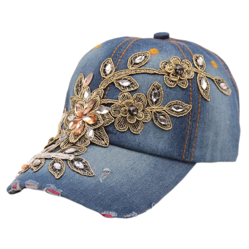 Женская джинсовая шляпа с вышивкой цветы бриллианты|baseball hat cap|snapback capshat cap |