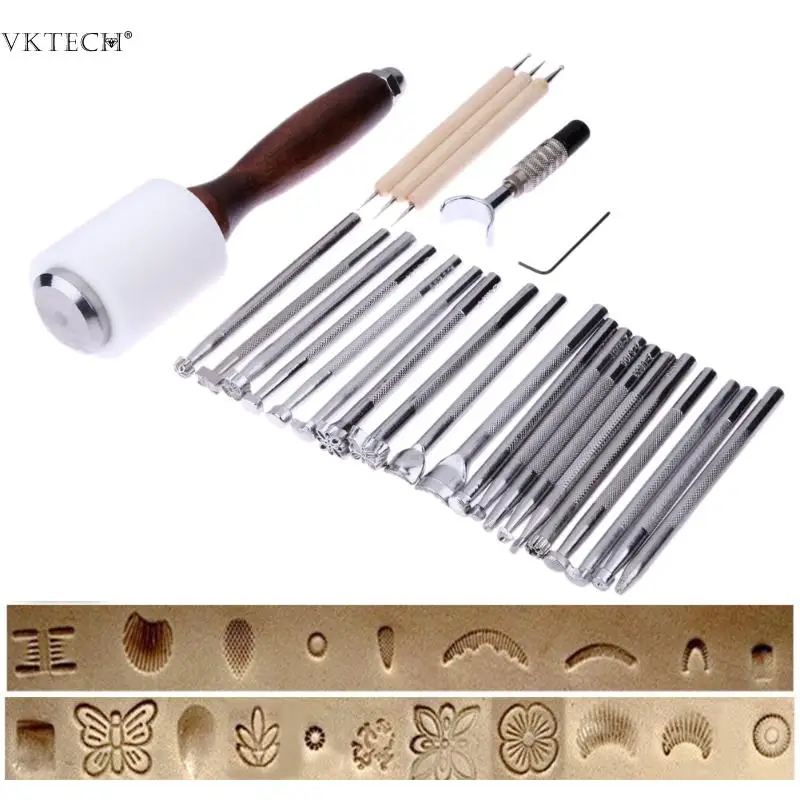 

25PCS/Set Leathercraft Carving Knife Blade Needlework Tools Stamps Leather Hammer DIY Leathercraft Embossing Tool Beveler Kit