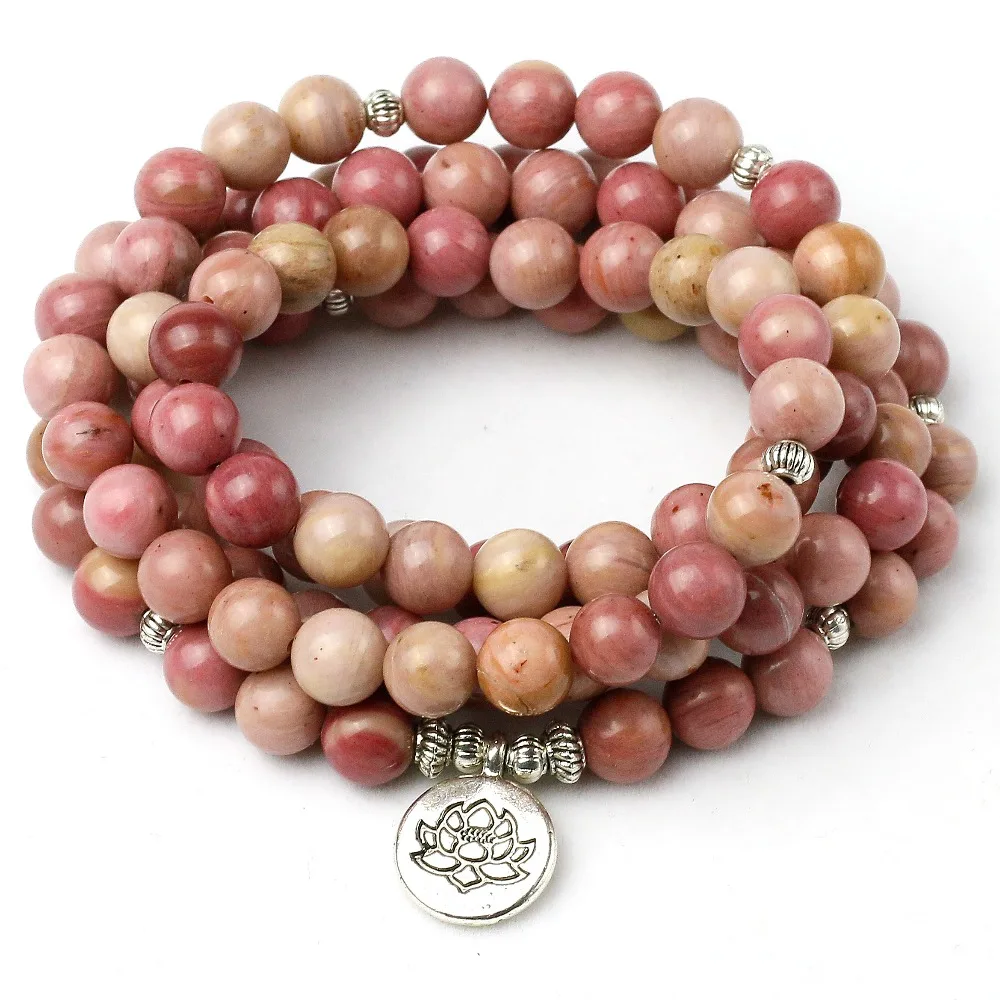 Online Pulsera de Lotus de Buda OM Mantra con cuentas de piedra rodochrosita Natural para hombre, joyería, pulseras de alas, pulseras de Yoga para mujer