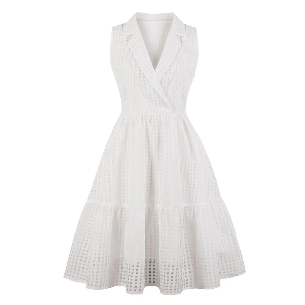 

Sisjuly Plus Size Patchwork Layered Plaid White Dress Lapel Deep V Neck Zipper Sleeveless Drapled Office Women Work Dresses