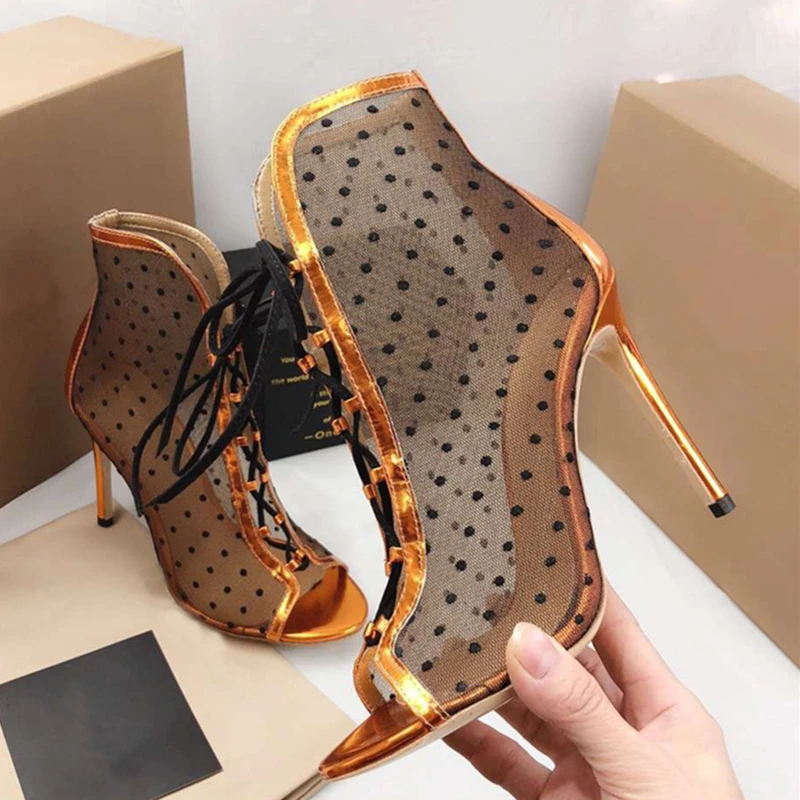 

Stiletto High Heels Runway High Top Gladiator Boots Mesh Designer Lace Up Peep Toe Summer Boots Sexy Party Shoes tenis feminino
