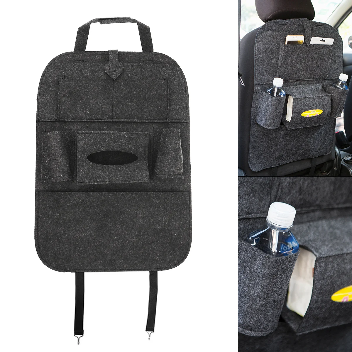 

Universal Multifunctional Felt Car Storage Hanging Box Back Seat Bag with Stickup-style Fixed Belt