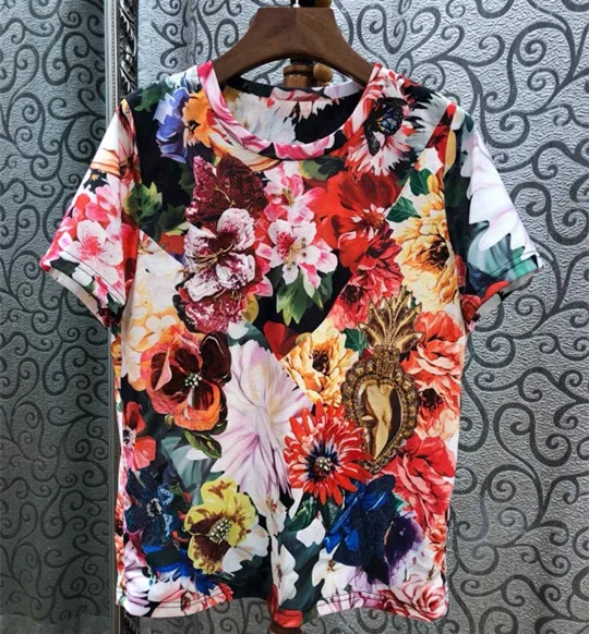 

European 2019 summer Women fashion floral T shirts Chic print beading short sleeves Tees A120