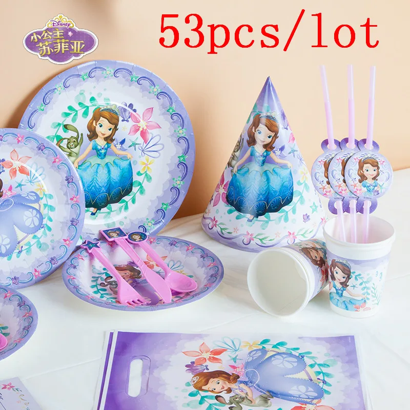 

Disney Cartoon Princess Sofia Theme 53Pcs Cup Plate Napkin Flag Girl Wedding Birthday Party Blowout Gift Bag Decoration Supply