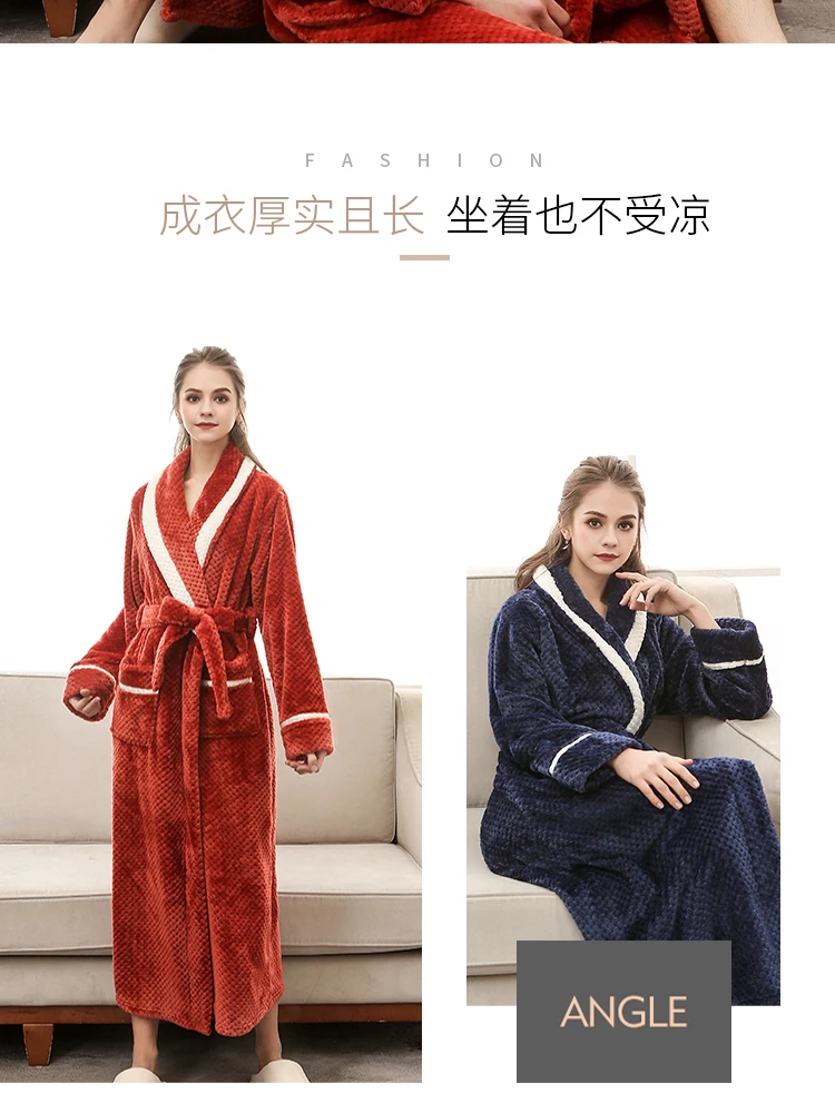 Зимний халат для пары, Женский комплект, красный фланелевый Халат в пол с длинным рукавом, теплый плотный халат, женский халат для сна, XL, XXXL