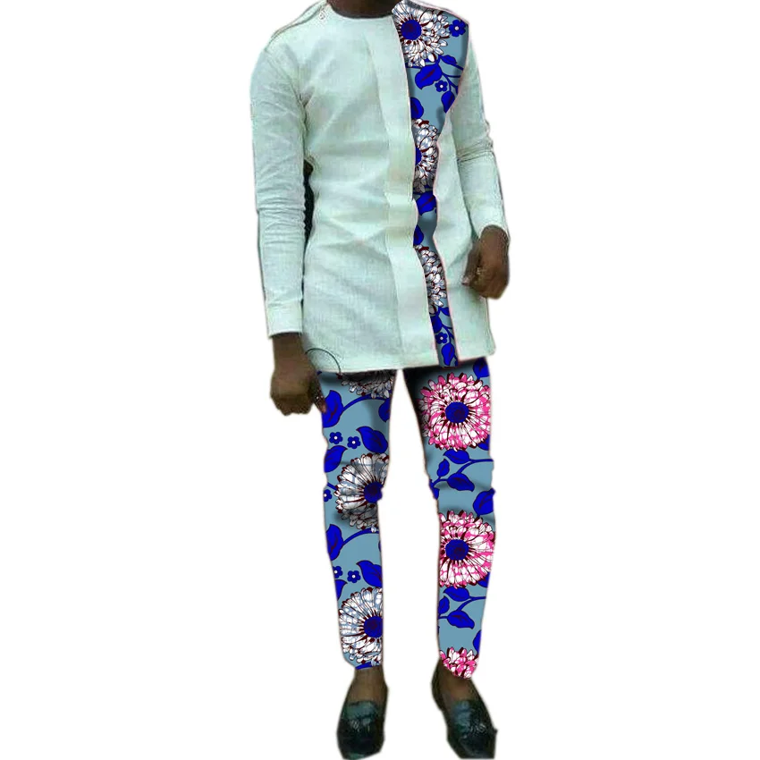 Модная мужская Африканский мужская одежда Топы + штаны с принтом комплекты принтом и белый хлопок топы комплекты праздничный костюм в