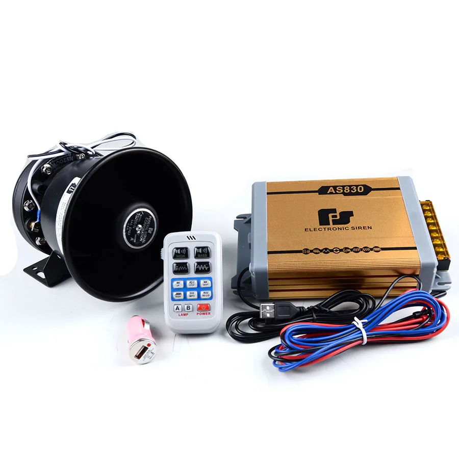 200W Gold AS830 Police Siren 11 Tone Car Siren Electronic Horn Car Alarm Siren Black Speaker Lounder Speaker with Mic