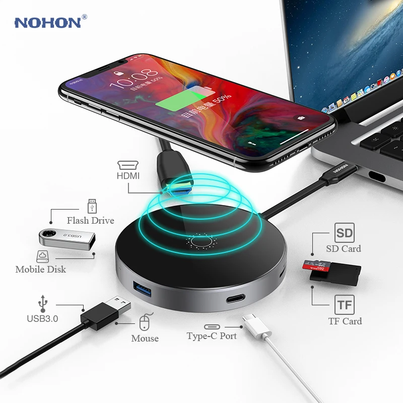 Nohon USB Type C HUB PD Wireless Charger 80W 7 in 1 HDMI Thunderbolt 3 Adapter