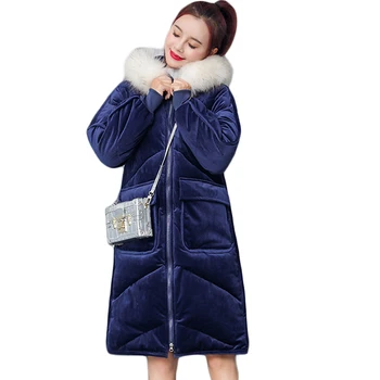 

2019 Winter Women Jacket Gold Velvet Cotton Parkas Women Jackets Thick Warm Long Jacket Big Fur Collar Hooded Coat Female D578