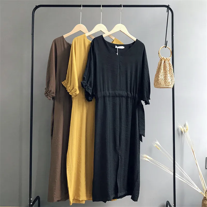 

Summer Slim Waist Dress Solid Casual Short Sleeve Vacation dress 2018 Fashion V-neck women Long Dress Vestidos Curved Hem