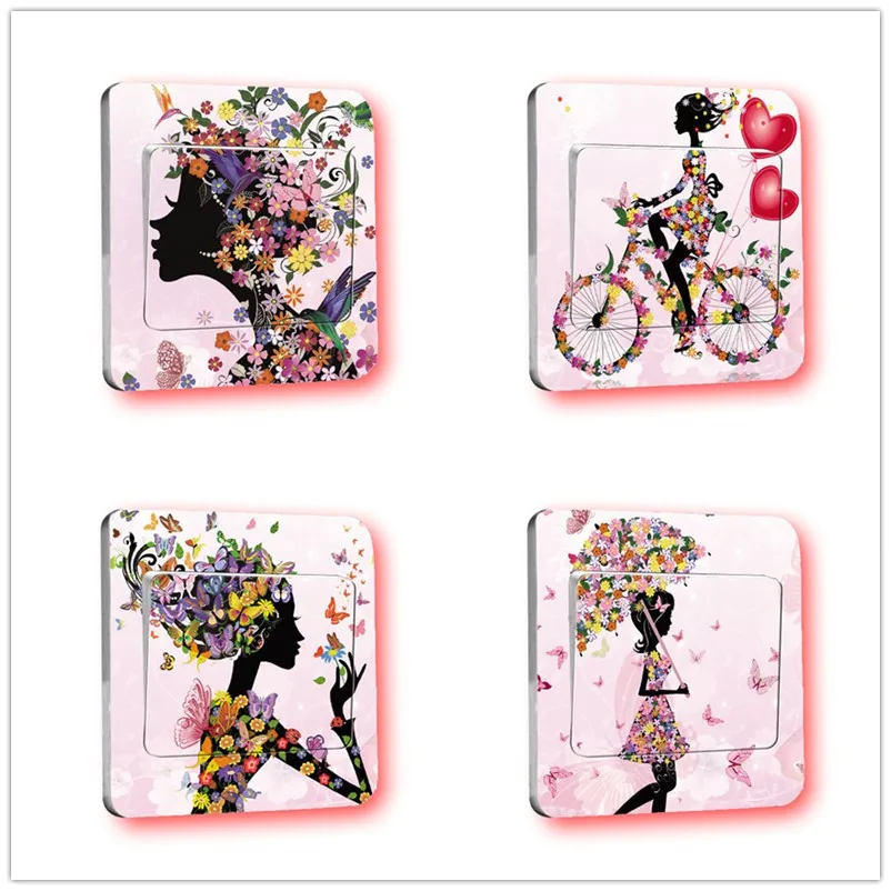 

% diy Switch Stickers Decorative Mural Girl Butterfly flowers Bedroom Living room PVC Wall Sticker Bathroom kitchen Home Decor