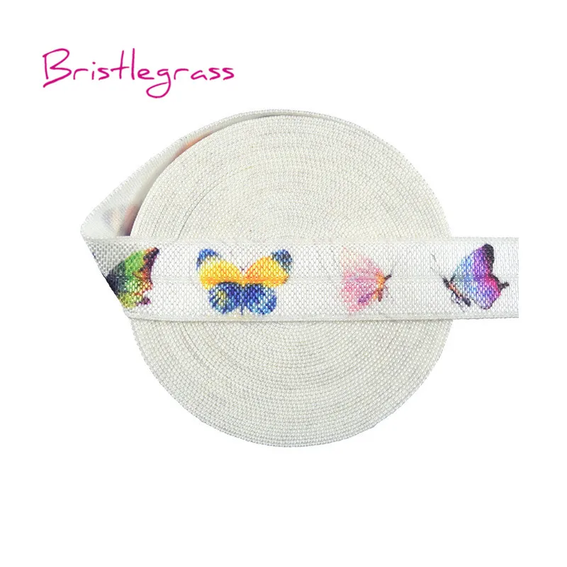 

BRISTLEGRASS 5 Yard 5/8" 15mm Butterfly Print Fold Over Elastics FOE Spandex Satin Band Headband Tutu Dress Lace Trim DIY Sewing