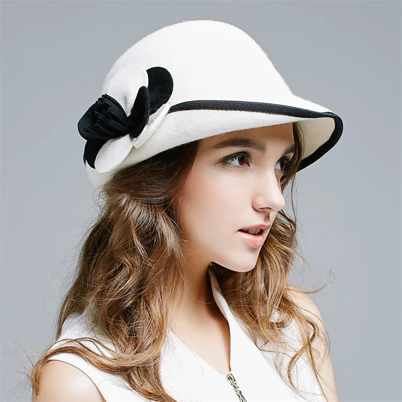 2017 New Winter Warm Hat Women Fedoras Wool Hat White Flowers Caps D559