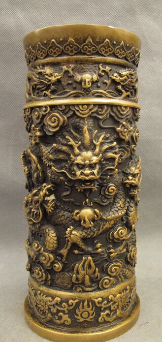 

song voge gem S4052 10" Chinese Bronze Royal Palace 9 Fly Dragon Statue Brush Pot Barrel Pencil Vase