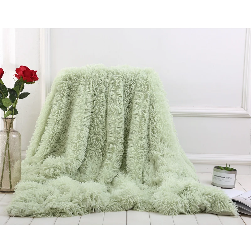 Grass Green Shaggy Faux Fur Throw Blanket for Couch Cuddly Bed Plush