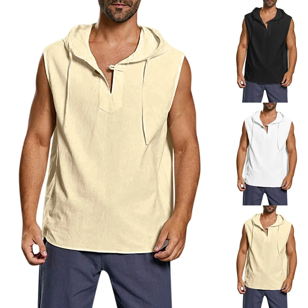 Men's Baggy Cotton Linen Solid Button Beach Sleeveless Hooded Shirt Tank Tops