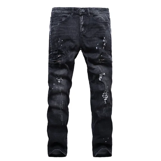 Fashion men black jeans slim fit man denim hiphop swag Stretch ripped jeans for men moto biker