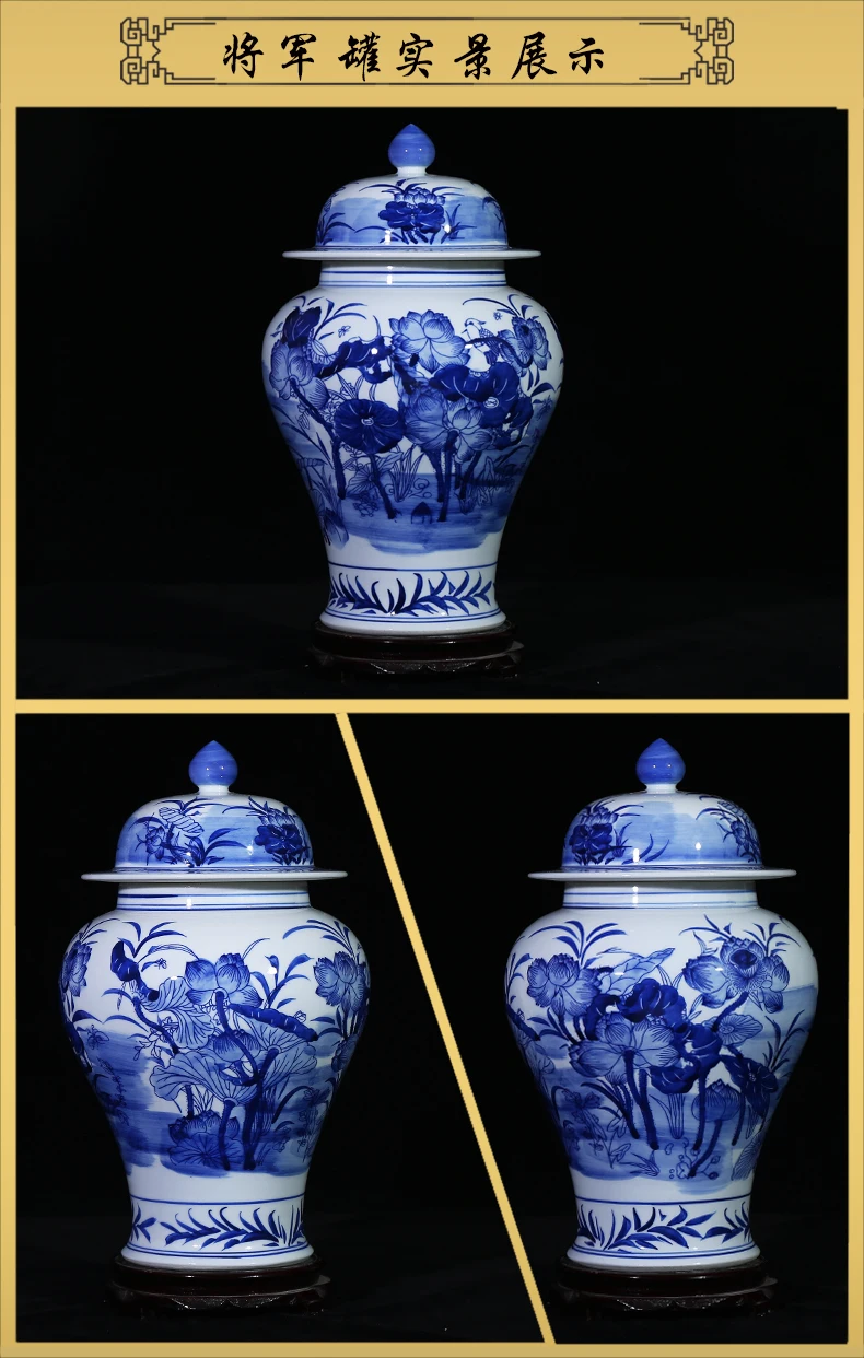Китайский Воспроизводства керамическая банка имбирь ваза античный фарфор храм банки керамические украшения дома банку синий