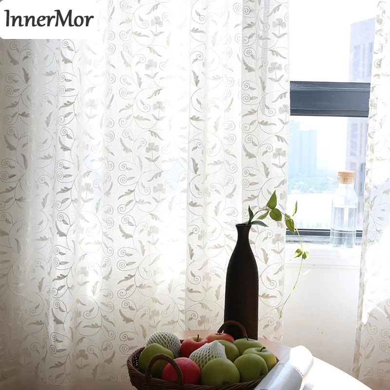 

Innermor White Curtains For Living room Embroidered curtains for bedroom Voile Faux Linen Sheer for kitchen Window Customized