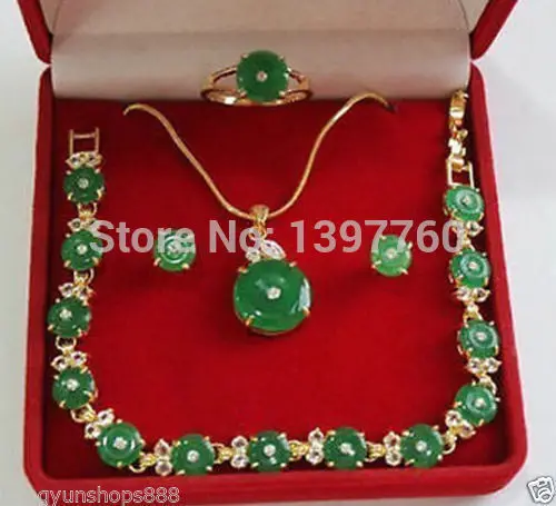 

FREE SHIPPING>>@> Miss charm Jew.184 18k GP real nature green emerald jade necklace bracelet earring ring set Natural jewelry