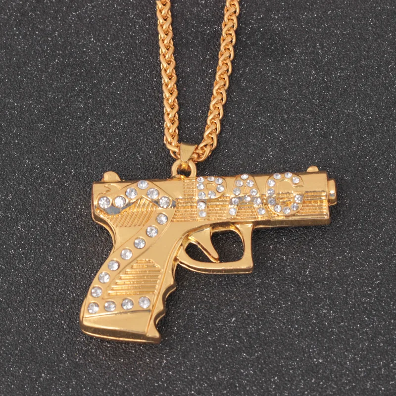 

2019 Mens Full Iced Rhinestone HIP Hop pistol Necklaces & Pendants Gold Color Stainless Steel Iced Out Bling Gun Necklace for Me