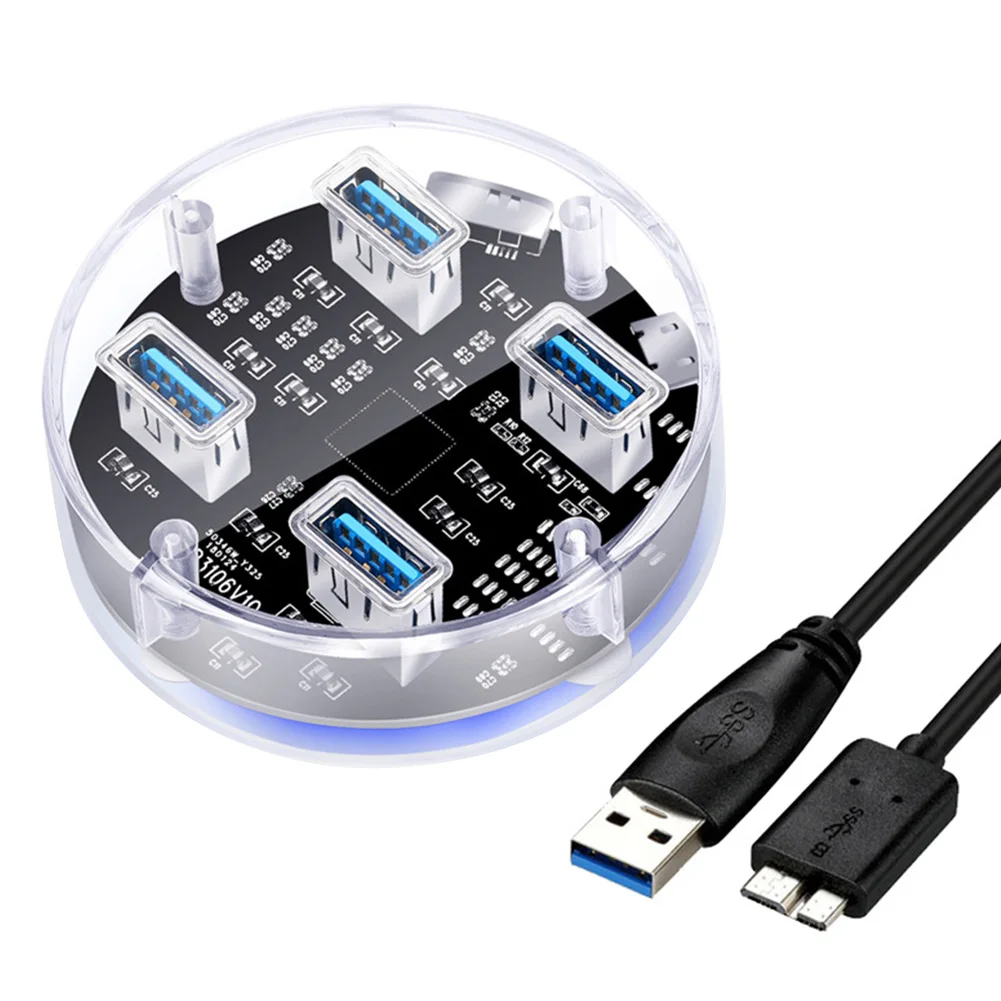 

Power Supply Portable Desktop External 4 Ports Hub Transparent Non Slip Reserced 5Gbps High Speed USB 3.0 Computer