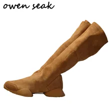Owen Seak/женские носки; сапоги до колена из флока; роскошные кроссовки для верховой езды; Зимние Повседневные кроссовки; обувь на плоской подошве; черные ботинки; большие размеры
