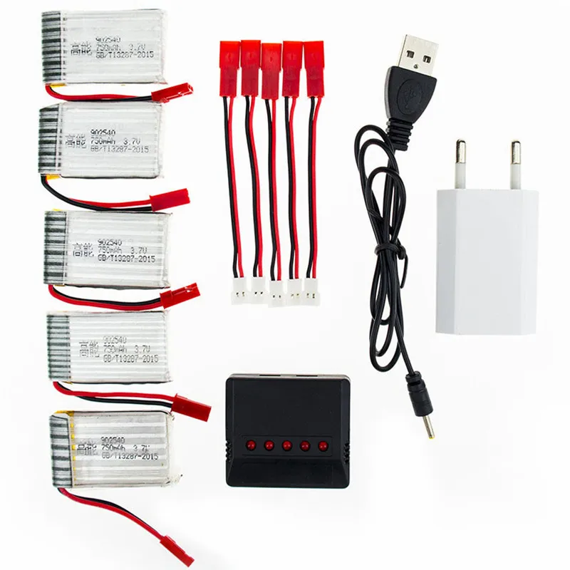 

5pcs RC Drone JST 1S Lipo- Batteries 3.7V 750mAh Battery With USB Charger And Plug Set For MJX X400 X300C X800 Airplanes Parts