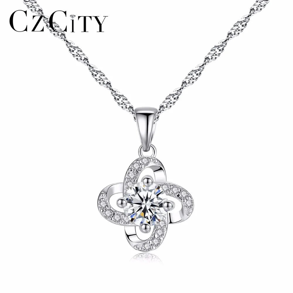 

CZCITY Office Lady Miss Genuine 925 Sterling Silver Chain Necklace Birthday Party Flower Silver Pendant Necklace Fine Jewelry