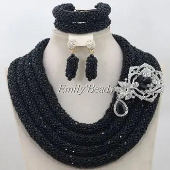 

Marvelous Chunky Layered Necklace Set Black African Crystal Beads Jewelry Sets Wedding For Brides Free Shipping AIJ267