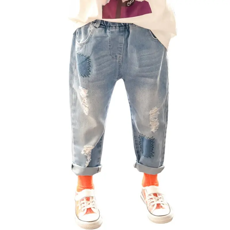 Детская Одежда Осенние Хлопковые Штаны для девочек г. Детские повседневные джинсовые леггинсы синие детские брюки с дырками узкие брюки