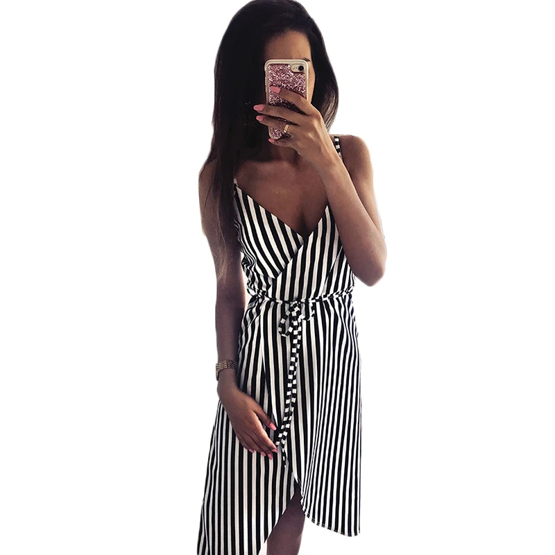 

Sexy Deep V neck Spaghetti Strap Striped Irregular Summer Dress Women 2018 Sleeveless Backless Women Dresses Vestidos