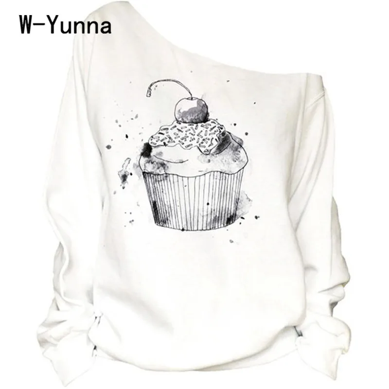 

Cup Cake Print Kawaii Sweatshirts Women Sexy Off Shoulder Loose Pullovers White Hoodies Female Long Sleeves Thick Outwear Tops