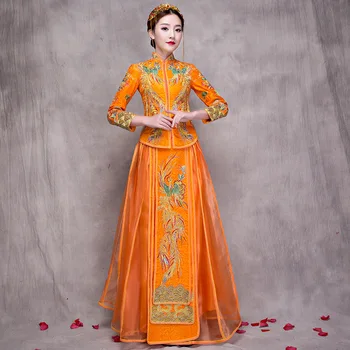 

Elegant Satin Bride Wedding Dress Chinese Traditional Women Embroidery Flower Qipao New Sexy Cheongsam Toast Clothing S-xxl