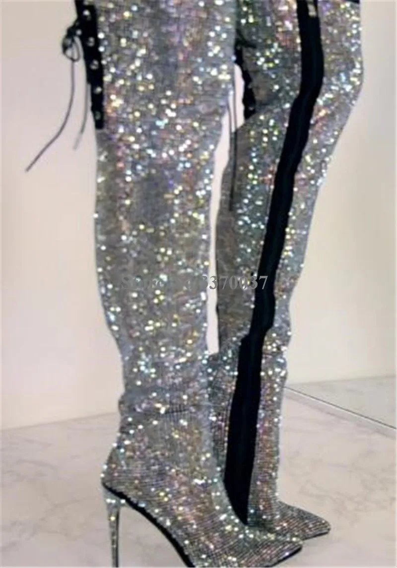 Women Luxurious Rhinestone Pointed Toe Over Knee Thin Heel Boots Bling Bling Crystal Slim High Heel Long Boots Wedding Shoes