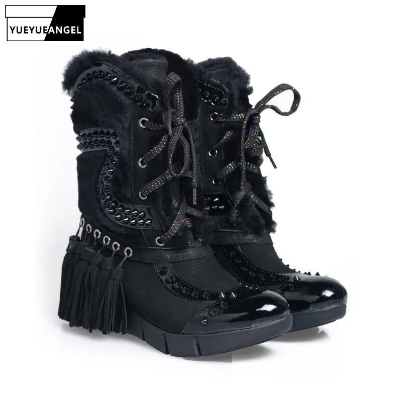 Botas pink Frauen Lace Stiefeletten Up Niet Black Süße Luxus red Weibliche Schuhe Fringe Plattform Flache Runde Kappe Schnee Stiefel Winter Baumwolle Martin fRvvFq