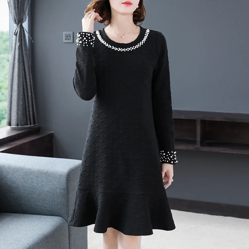 

2018Winter Fashion ladies elegant dress beaded Ruffled hem A-line dress Plus size female casual vestidos Oversize tunic L-XXXXXL