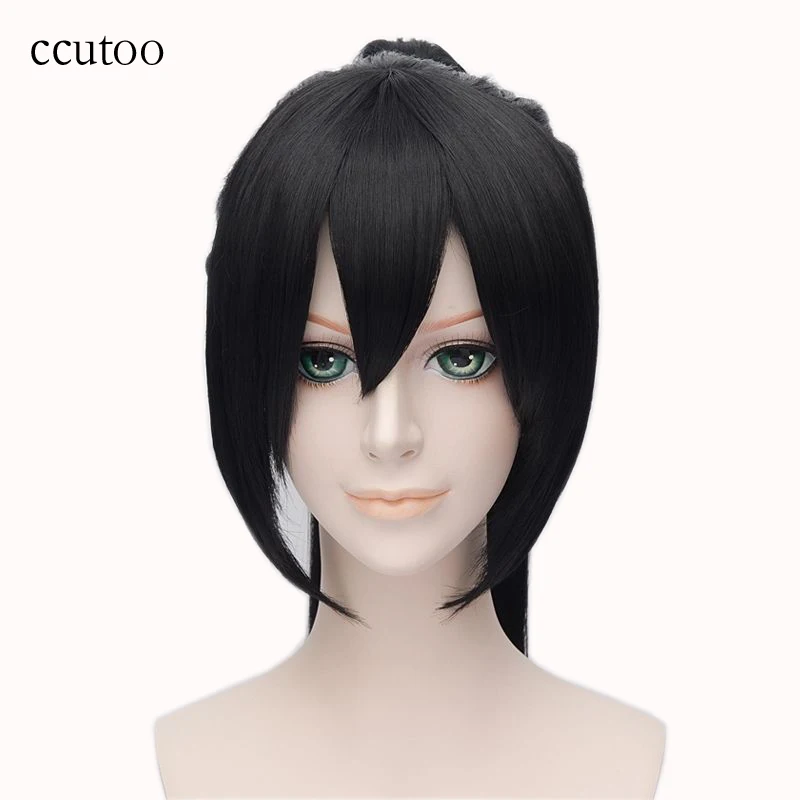 Beste Ccutoo 28 inch Zwarte Lange Rechte Hakuouki Yukimura Chizuru Synthetisch Haar Warmtebestendigheid Vezel Cosplay Volledige Pruiken Chip Paardenstaart