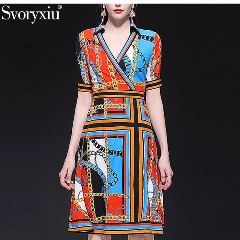 

Svoryxiu Designer Vintage Chain Printed Dress Women's High Quality Short Sleeve V-Neck Sexy Party Knee-Length Dresses Vestdios