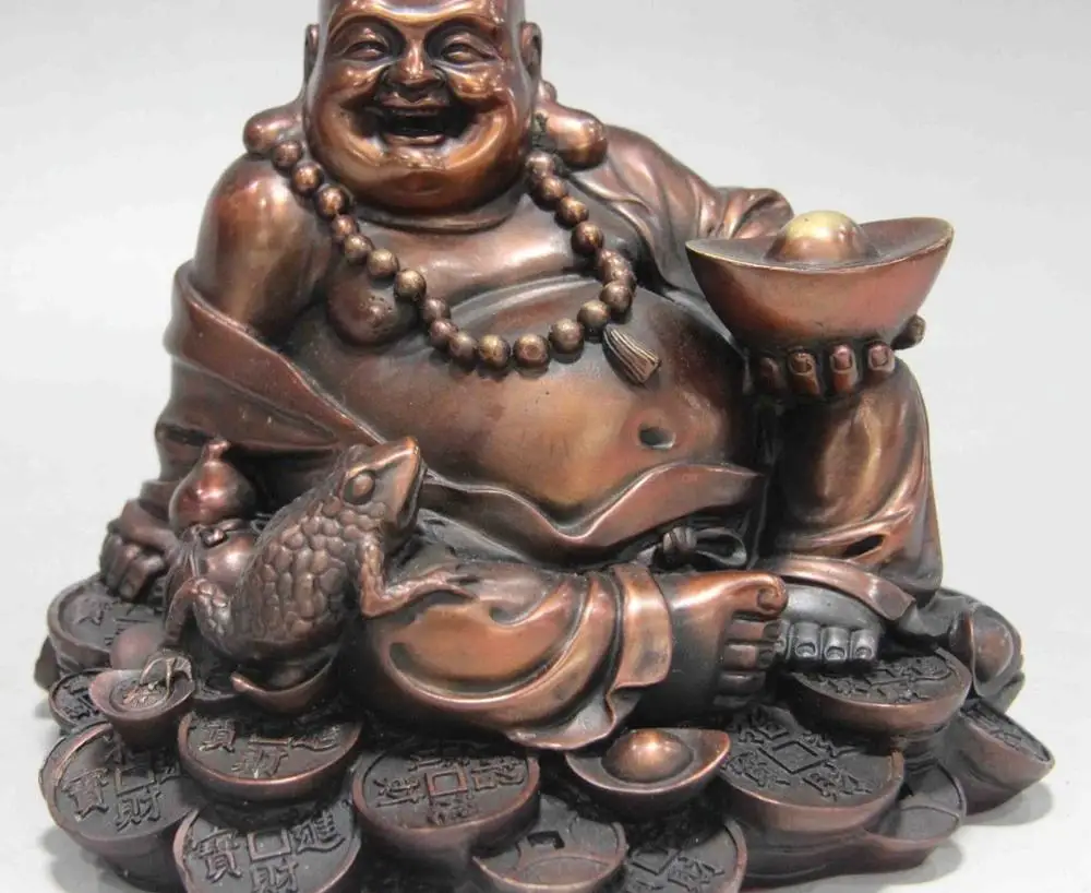 

6 China Red Copper Bronze Lucky Wealth YuanBao Coin Maitreya Rohan Monk Statue