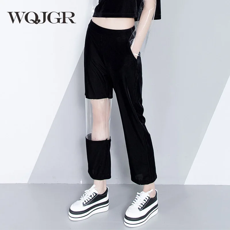 

WQJGR Black Leisure Pants New Woman High Waist Transparent Split Joint Nine Part Pants Trousers For Women