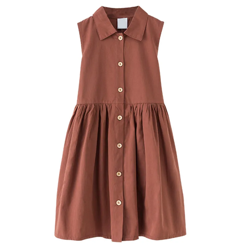 

6 to 10 years kids girls summer solid brown white button front cotton casual shirt dress children sashes flare dress
