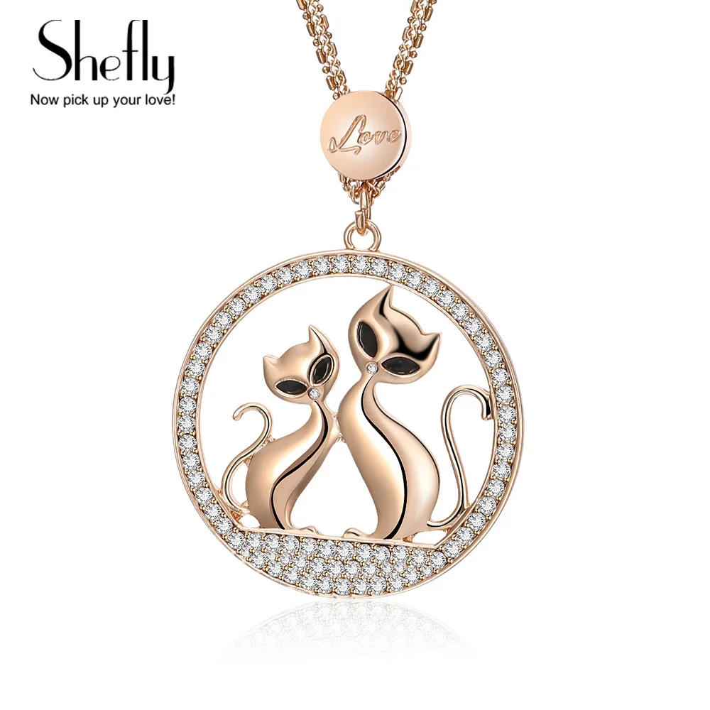 

Love Couple Cats Animal Pendant Necklace Women Crystal Round Black Eye Cat Pendant Long Necklaces Rose Gold Fashion Jewelry Gift