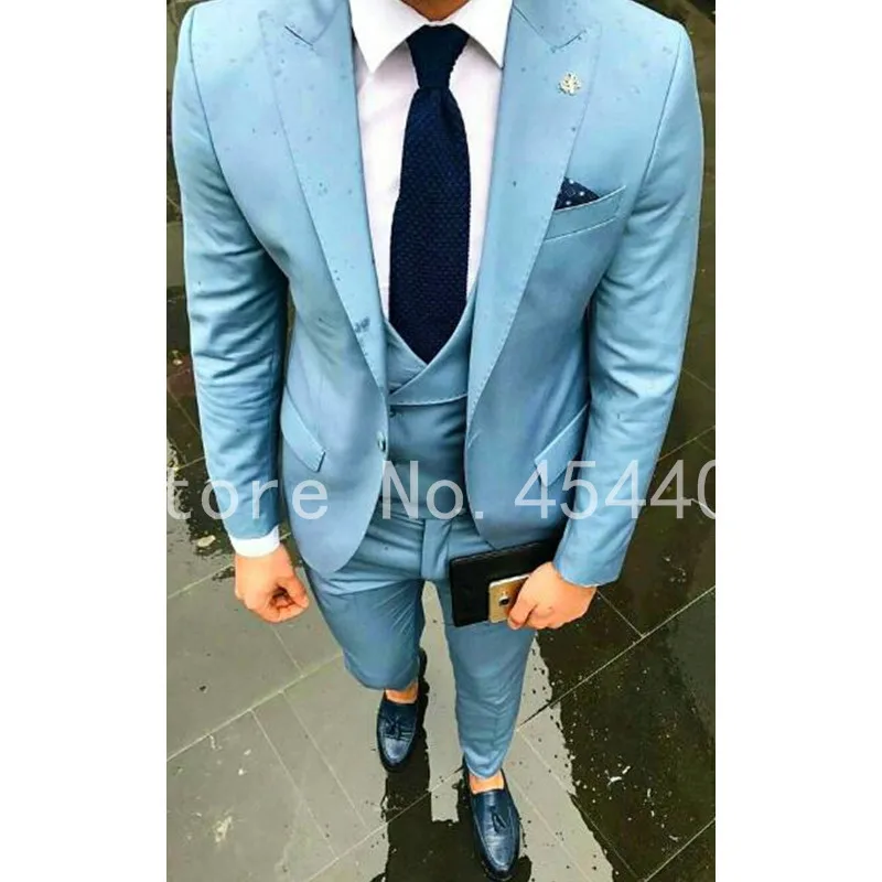 654 Light Blue Men Suit Slim Fit Skinny 3 Piece Suits Tuxedo Custom Groom Prom Party Blazer