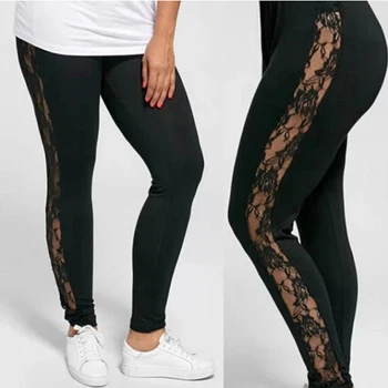 

Women Legging Fashion Elegant Lace Mesh Patchwork Black Leggings Casual Flower embroidery Pants Female Plus Size
