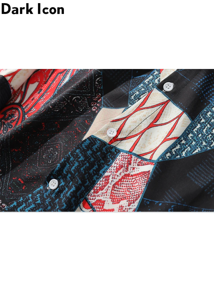 Dark Icon Ukiyo Egeometry Patchwork Long Sleeved Shirts Men Hip Hop Shirts Streetwear Shirts Men's Top