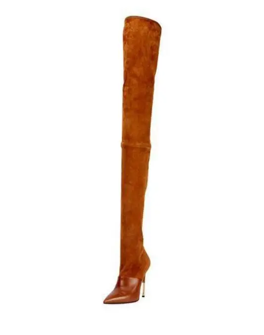 Г. весенние популярные женские ботфорты из верблюжьей замши сапоги на высоком каблуке из гладкой кожи в стиле пэчворк пикантные Ботфорты размер 42