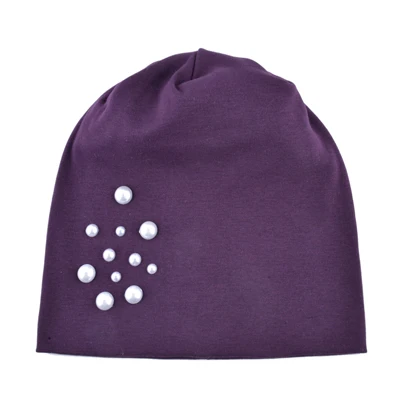 Женская шапка с жемчугом, повседневная женская шапка, Осень-зима, однотонные хлопковые шапки Skullies Beanies, стиль, модная шапка для девочек, Bon - Цвет: Purple